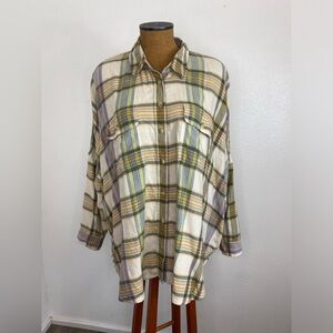 American Eagle Oversized Plaid Button Front Top L Dolman Drop Shoulder Gussets